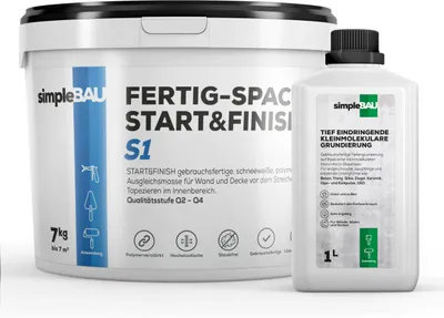 Produktbild von SimpleBau Spachtelmasse Start&Finish gebrauchsfertig zum Reparieren und Glätten von Wänden Perfekte weiße Farbe, 7kg + 1l Grundierung
