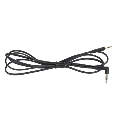 A black audio cable with two 3.5mm jack connectors, one straight and one angled, is laid out on a white background.