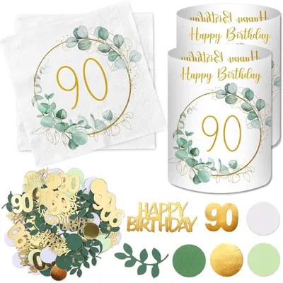 Productafbeelding van Luckeey decoratieset voor 90e verjaardag: 20 servetten, 12 theelichthouders en 100 confettis. Groene eucalyptus decoratieset voor tafeldecoratie, geschikt voor zowel dames als heren, voor een 90e verjaardagsfeest