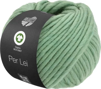 A ball of mint green yarn with a black label wrapped around it.