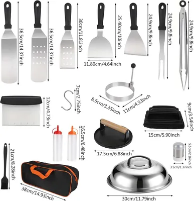 Image de Accessoires pour barbecue et plancha, lot de 29 pièces - Set de spatules - Acier inoxydable - Grattoirs et spatules - Presse à hamburgers - Pour barbecue et plaque de cuisson - Convient pour un usage alimentaire - Marron