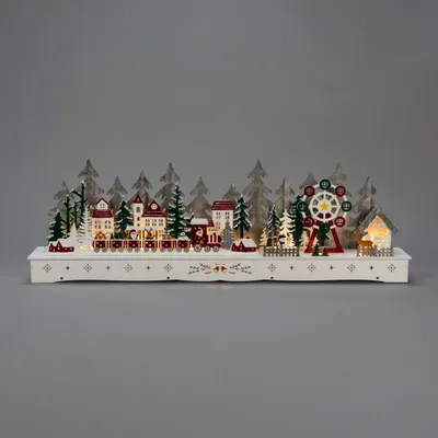 Produktbild von Konstsmide 3246-250 LED Holzsilhouette Weihnachtsdorf, 6h Timer, warmweiße Dioden, batteriebetrieben, Innen,schwarzes Kabel