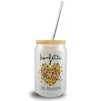 Produktbild von Konfetti im Herzen Karneval Party Geschenk Trinkglas mit Bambusdeckel