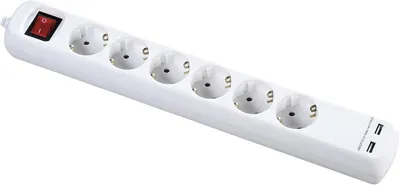Zdjęcie produktu dla Listwa zasilająca Alyco 199436: 6 gniazd, 2 porty USB z przełącznikiem, kabel 1,4 m