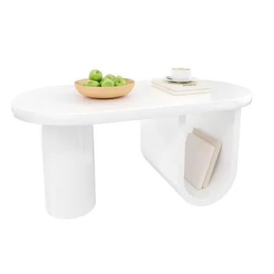 Obrázok produktu pre AIORBER Moderný oválny konferenčný stolík biely, 2 zásuvky, nohy v tvare U, jednoduchá údržba, 98,5 × 53,5 × 42 cm