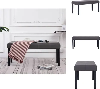 A collage of images showing a gray upholstered bench in different settings and angles.