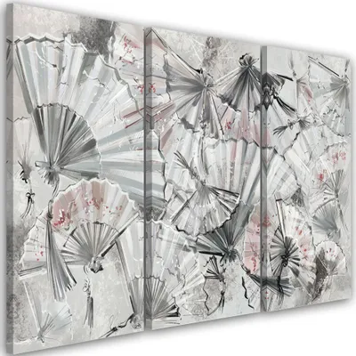 Produktbild von Triptychon auf leinwand japanische fächer 120x80 cm Feeby grau wandbild bereit zum aufhängen