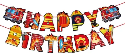 Produktbild von Girlande Feuerwehr Kindergeburtstag Happy Birthday Deko mit Feuerwehrauto & Flammen