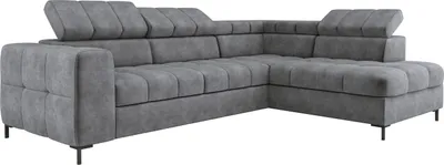 A gray sectional sofa with adjustable headrests and tufted cushions, shown against a white background.