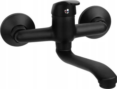 A black kitchen faucet mounted on a white background.