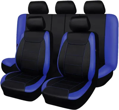 Produktbild von Auto Sitzbezüge - Universelles 9-teiliges Set - PolyurethanKunstleder - Für alle Jahreszeiten - Strapazierfähig - Einfache Montage - Schwarz Blau
