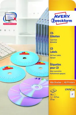 Produktbild von Avery Zweckform L7676-25 CD-Etiketten, Ø 117 mm, 25 Blatt/50 Etiketten, weiß