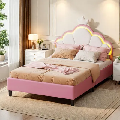 Produktbild von ProximaX Elegantes Polsterbett 140×200 cm in Pink und Weiß mit Kronen-Design, LED-Lichtleiste und verstellbarem Kopfteil – s Kinder- und Jugendbett