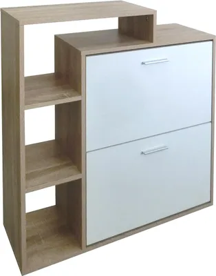 A shoe cabinet with open shelves on the left and two drawers on the right.