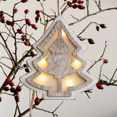 Produktbild von LED Weihnachtsbaum Holz beleuchtet Deko Winter Weihnachten Batterie 5 LED wweiß