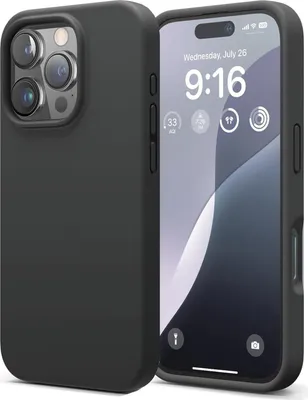 A black iPhone case is shown next to an iPhone displaying the lock screen.