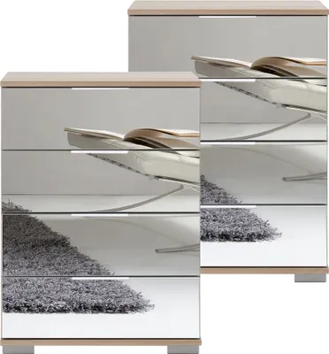 Produktbild von Schlafzimmer Nachttisch 2er Set, auch für Boxspringbett geeignet, in Eiche sägerau Nb. mit Spiegelfront ELSTRA-43, B/H/T ca. 52/74/38 cm