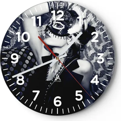 Produktbild von Wanduhr - Rund - Glasuhr - Frau Karneval Maske Mode - 40x40cm - Schleichendes Uhrwerk - Lautlos - zum Aufhängen bereit - Dekoration Modern - Wanddekoration aus Glas - C4AR40x40-2212