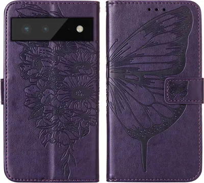 Produktbild von Google Pixel 6 Hülle, Schmetterling Prägung Flip Leder Kartenfächer Schutzhülle Ledertasche mit Ständer für Google Pixel 6 Lila