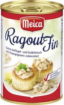 A can of Meica Ragout Fin with an image of the prepared dish on the front.
