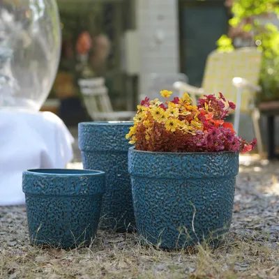 Image de Lot de 3 jardinières rondes en céramique faites à la main, résistantes au gel et dotées d'un trou de drainage, pour le jardin et le balcon, bleu, Ø 38/30/23 cm