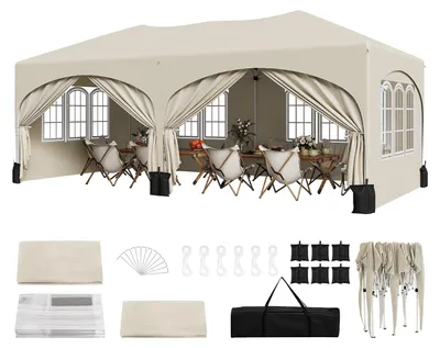 Produktbild von WOLTU Pavillon mit 6 Seitenteilen 4 Sandsäcke, Faltpavillon 3x6m mit Halbmonddach Tragetasche, Gartenpavillon wasserfest stabil UV-Schutz, Partyzelt Outdoor höhenverstellbar, Beige