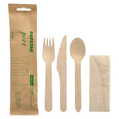Produktbild von 500 Bestecksets, Holz pure natur : Messer, Gabel, Löffel, Serviette in Papierbeutel