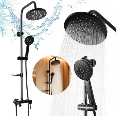 Produktbild von Duschsystem Schwarz Matt mit Regendusche, Wannenarmatur und Handbrause,Duschstangenhöhe 100 cm