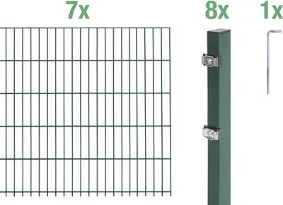 Immagine prodotto di Alberts 648848 Doppelstabmattenzaun als 16 tlg. Zaun-Komplettset, grün, Höhe 100 cm, Länge 14 m