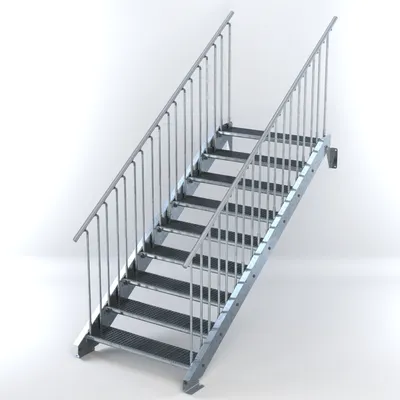 Produktbild von Stahltreppe 9 Stufen bis Höhe 180 cm, Laufbreite : 110 cm beidseitiges Geländer ST 2 (31 / 31 mm gezackt)