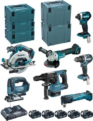 A collection of Makita power tools and storage cases.