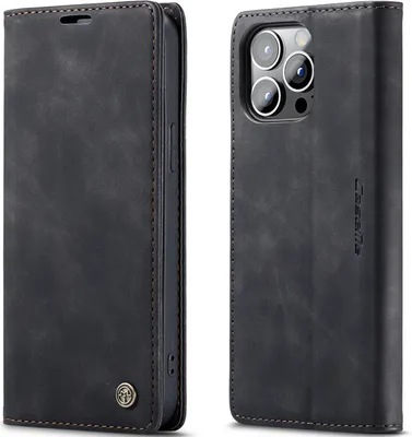 A black leather flip case for an iPhone 14 Pro Max is shown from two angles.