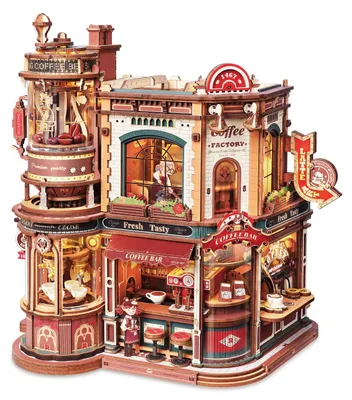 Obrázek produktu pro ROKR 3D dřevěné puzzle „Kávová továrna“, pohyblivé, s hracím strojem a LED diodami, bez lepidla, stavebnice pro dospělé