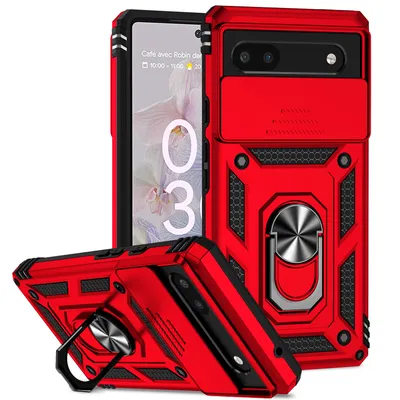 Immagine prodotto di Custodia per Google Pixel 6A a doppio strato con copertura scorrevole della fotocamera e supporto ad anello rosso
