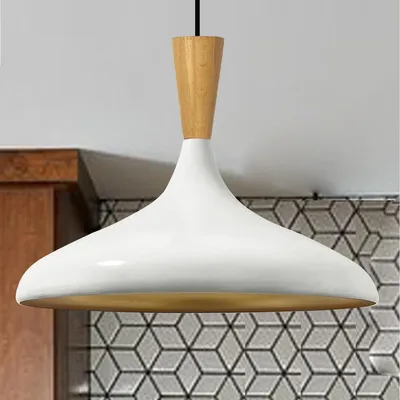 Produktbild von Champion Pendelleuchte Holz, 35 cm Hängelampe Metall E27 Moderne Skandinavisch Pendellampe für Schlafzimmer Wohnzimmer Küche Esstisch Lampe - Weiß