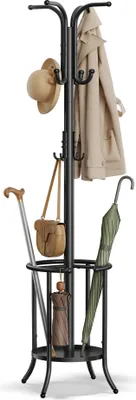 A black metal coat rack with a hat, coat, handbag, cane, and umbrellas.