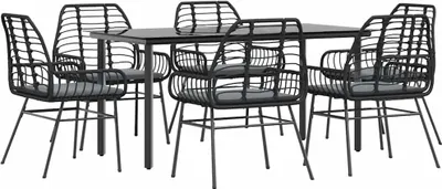 Produktbild von 7-tlg. Garten-Essgruppe mit Kissen Schwarz Poly Rattan Glas