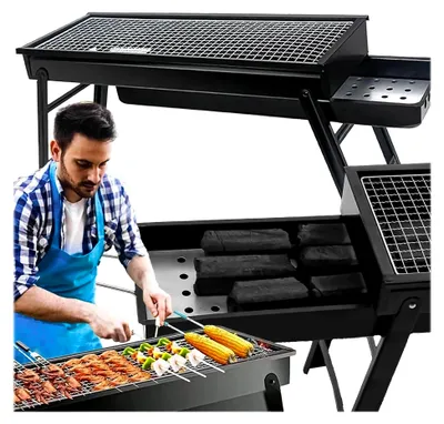 Produktbild von Picknickgrill, Mini Camping Klappgrill, Tragbarer Holzkohle-BBQ für Gartenpartys (60x22 cm)