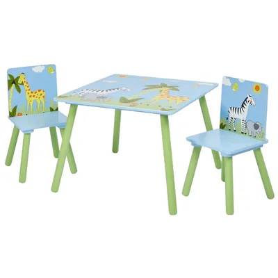 Image de Set de table pour enfants avec 2 chaises, design safari, bois massif, girafe & zèbre,
