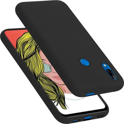 A black phone case is shown on a white background, with a graphic of a woman's face visible through the case.