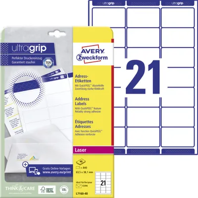 Produktbild von Avery Zweckform L7160-40 Adress-Etiketten, A4 mit ultragrip, 63,5 x 38,1 mm, 40 Bogen/840 Etiketten, weiß