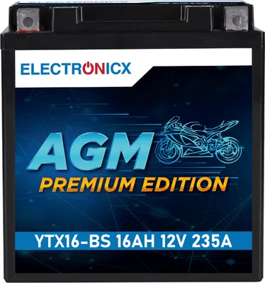 Immagine prodotto di Batteria per moto Electronicx YTX16-BS AGM 12 V 16 Ah 235 A/EN - Batteria AGM ad alte prestazioni, esente da manutenzione e a prova di perdite ▶ Batteria premium 12 V esente da manutenzione  Spedizione in Germania