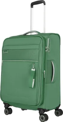 A green trolley suitcase is shown against a white background.