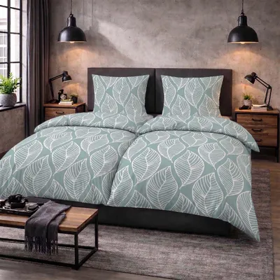 Produktbild von Renforce Bettwäsche 135 x 200 cm 4tlg. aus 100% Baumwolle RV Lindgrün Pastell mit Blättern