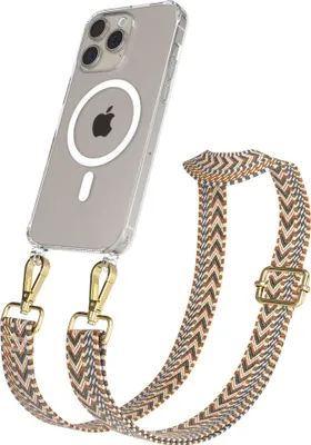 Produktbild von EAZY CASE - Handykette mit MagSafe Hülle für Apple iPhone 15 Pro Max, Handyband ZigZag Style,Karabiner Gold, Umhängeband in Braun