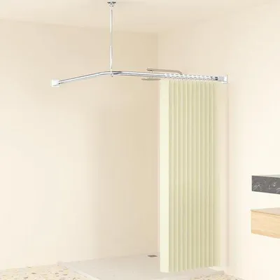 Productafbeelding van Ibenzoa® L-vormige douchegordijnstang, 95 x 95 cm, roestvrij staal 304, zonder boren, met hoekmontage en plafondsteun, 12 ringen, draagvermogen 30 kg