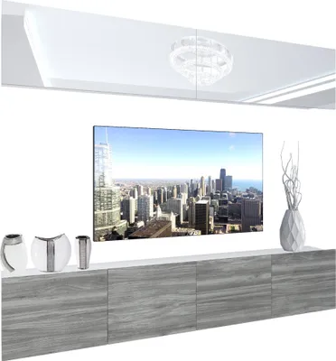 Produktbild von BELINI Wohnwand Vollausstattung Wohnzimmer-Set Moderne Schrankwand mit LED-Beleuchtung Weiß Glänzend Anbauwand TV-Schrank Weiß / Glamourholz Glänzend/Matt