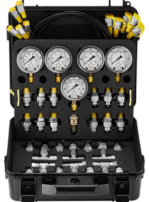 Produktbild von VEVOR Hydraulikdruckprüfset, 250/400/600bar, 3 Manometer, 6 Prüfanschlüsse, 3 Prüfschläuche, Hydraulikprüfmanometer-Set für Bagger mit tragbarem Tragekoffer für Bagger, Traktoren und Baumaschinen, 5 Köpfe, 13 Testanschlüsse