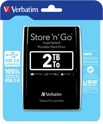The image shows the retail packaging of a Verbatim Store 'n' Go portable hard drive.