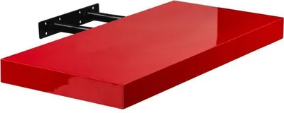 A red floating shelf with black brackets is shown against a white background.